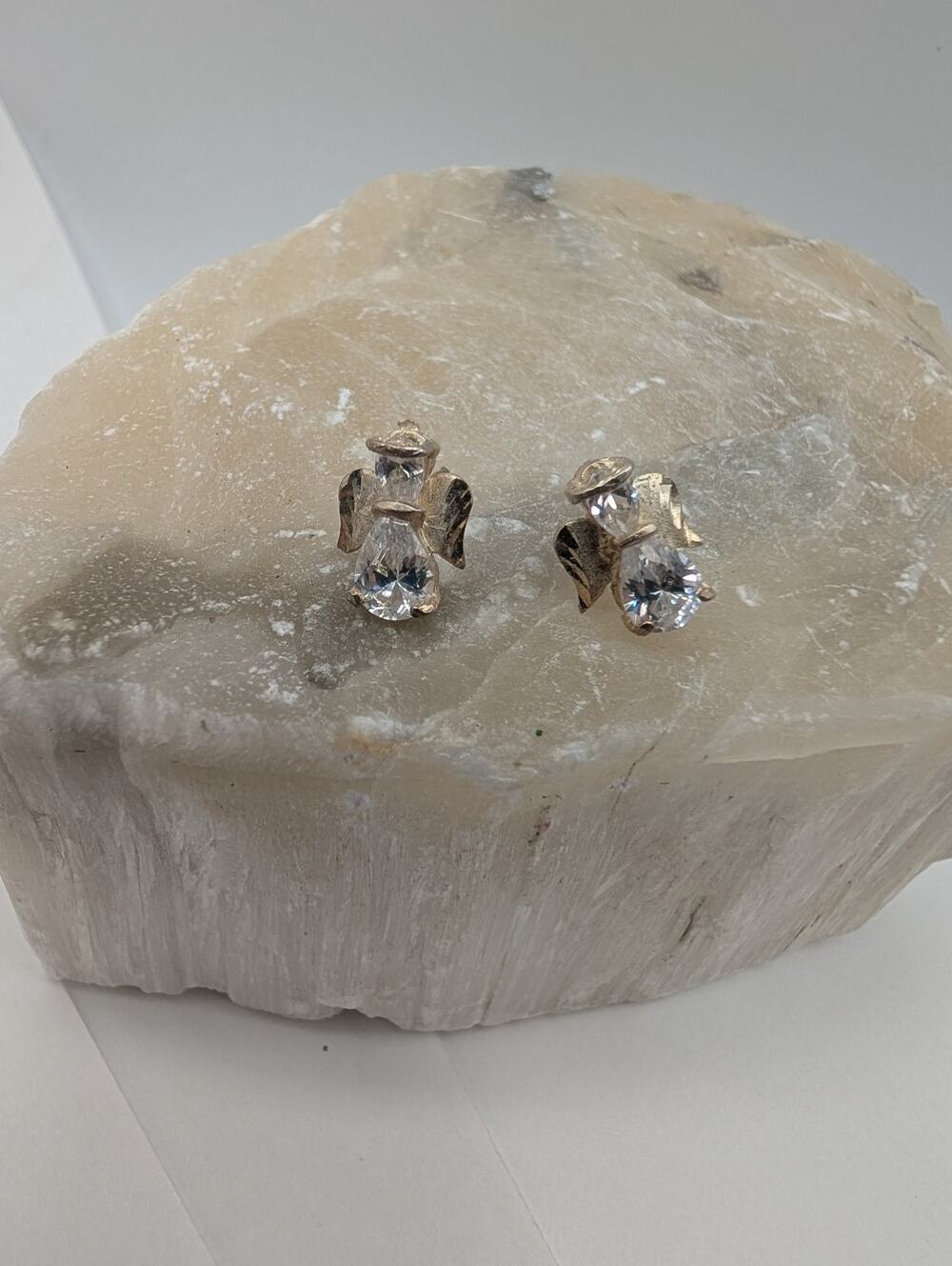 Charming Angel Stud Earrings Gold Tone Clear Gemstone Post Back Artisan Jewelry